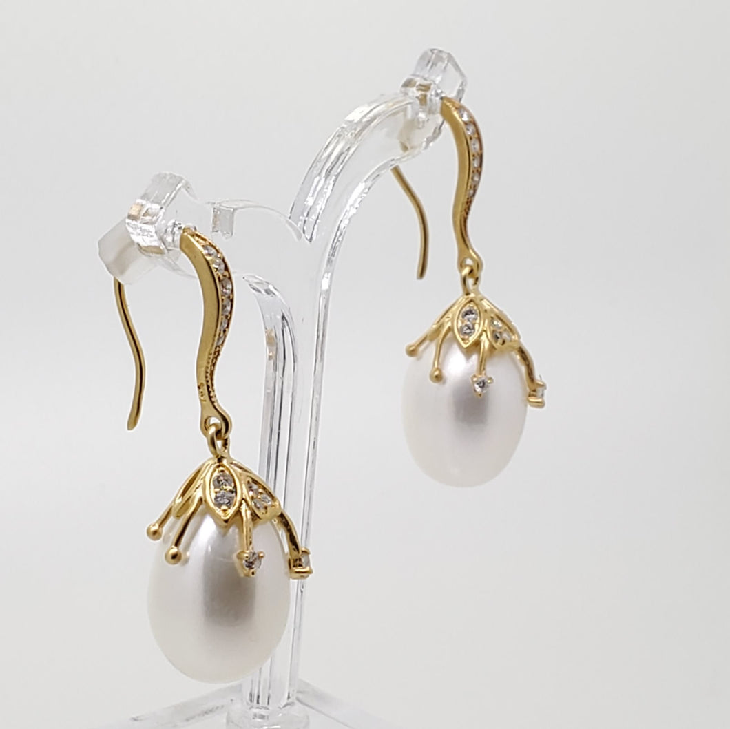 Drop Pearl and Diamond Earrings